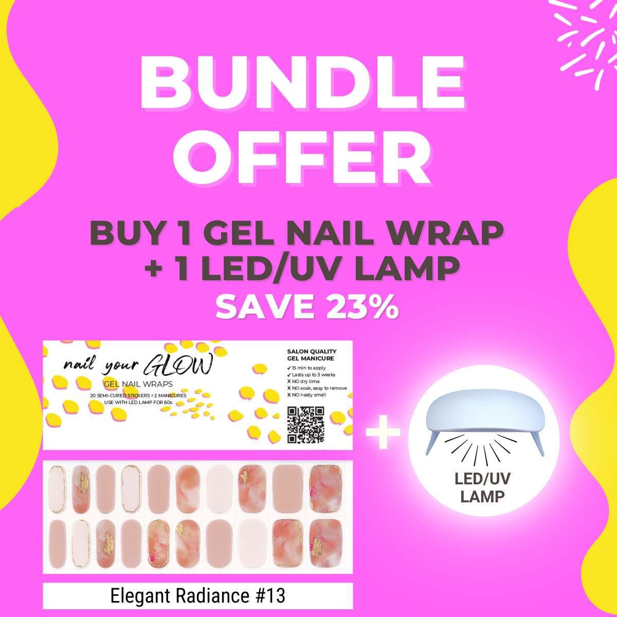 Bundle A: 1 Box of Gel Nail Wrap (ELEGANT RADIANCE #13) + 1 LED/UV Lamp