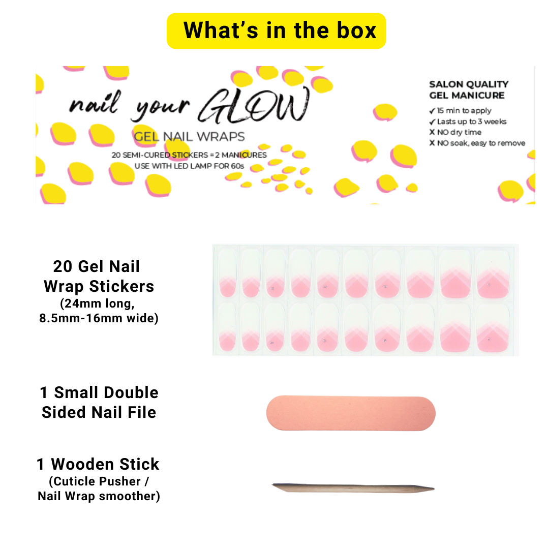 PASTEL PRISM #252 - 20 Gel Nail Wraps by Nail Your GLOW (Pink & White Geometric French Diamante)